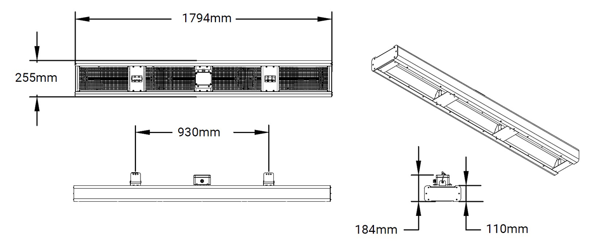Technical line drawings for Shadow Infinity Industrial heaters
